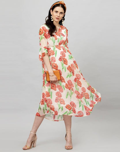 Off White Coloured Printed Chiffon Dress | Sudathi
