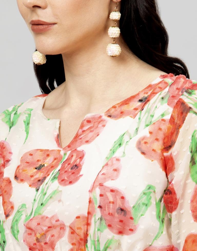 Off White Coloured Printed Chiffon Dress | Sudathi