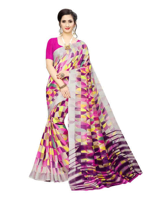 Beige Printed Silk Saree