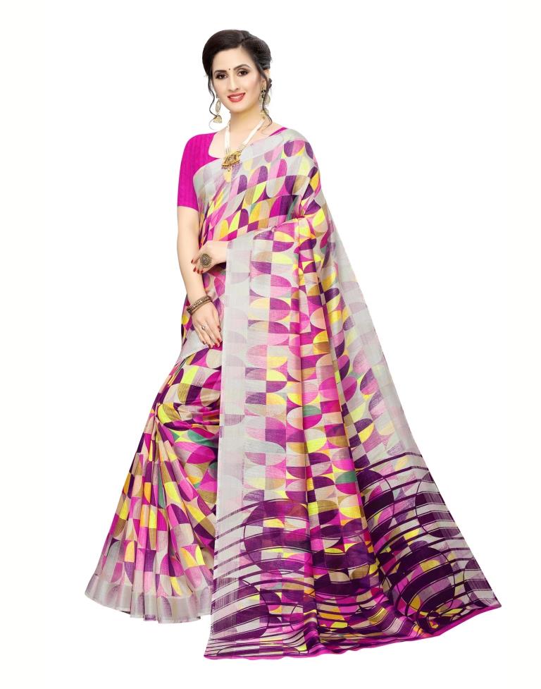 Beige Printed Silk Saree