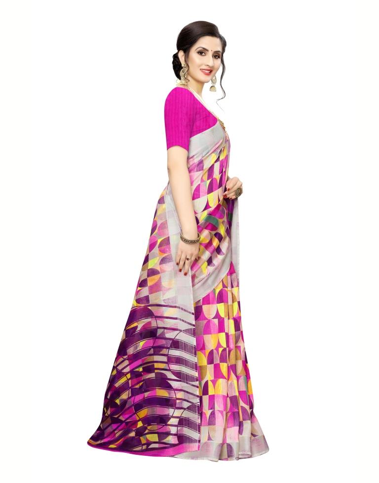 Beige Printed Silk Saree