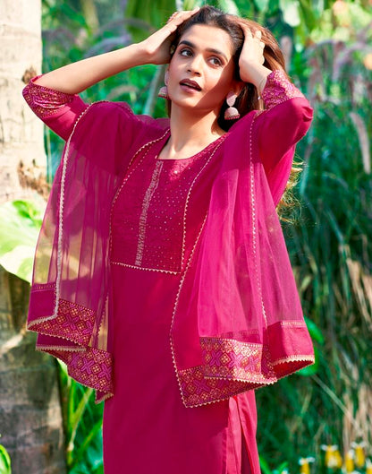 Pink Cotton Sequence Straight Kurta Set With Dupatta