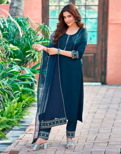 Blue Plain Cotton Straight Kurta Set With Dupatta