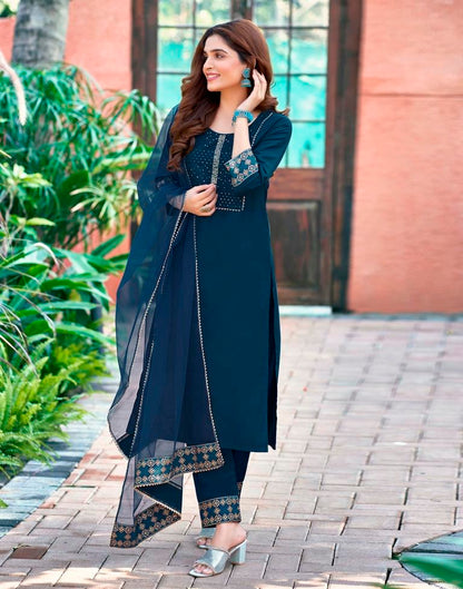 Blue Plain Cotton Straight Kurta Set With Dupatta