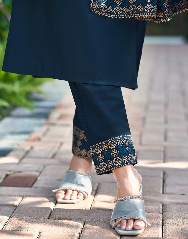 Blue Plain Cotton Straight Kurta Set With Dupatta