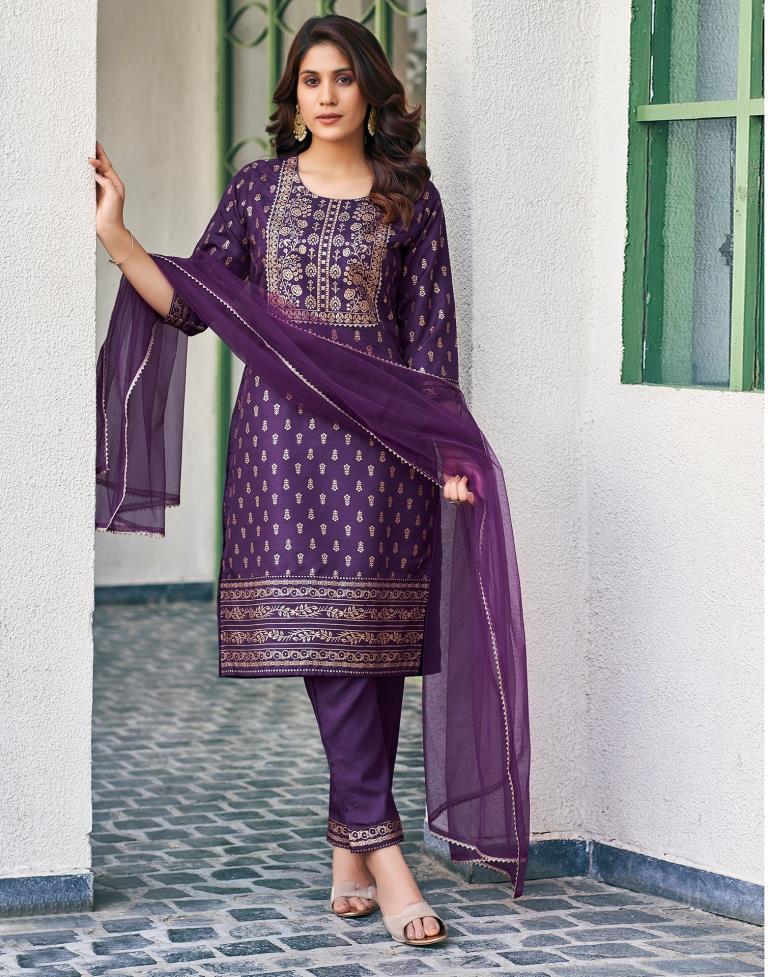 Purple Cotton Straight Kurta Set With Dupatta