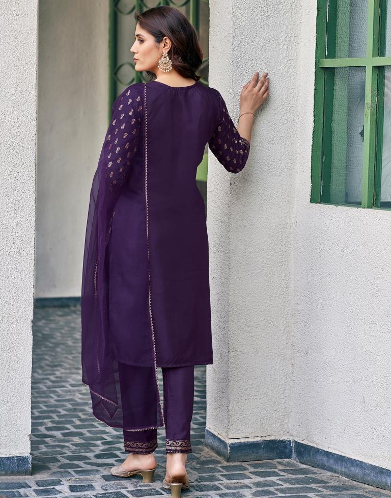 Purple Cotton Straight Kurta Set With Dupatta