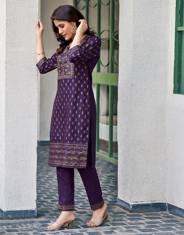 Purple Cotton Straight Kurta Set With Dupatta