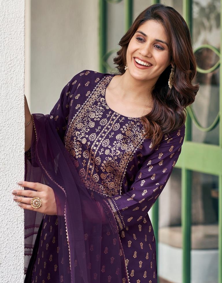 Purple Cotton Straight Kurta Set With Dupatta