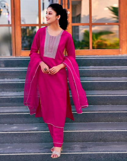 Pink Cotton Embroidery Straight Kurta Set With Dupatta