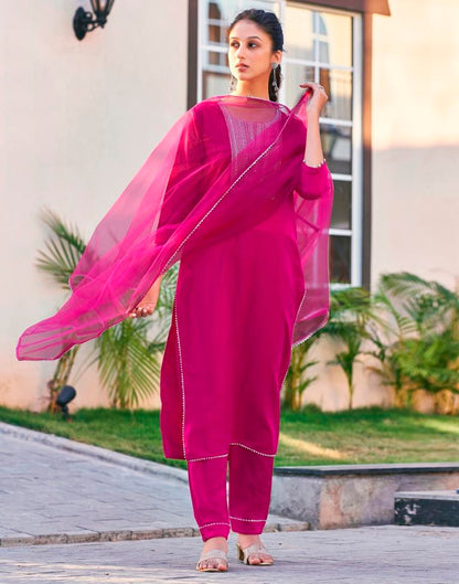 Pink Cotton Embroidery Straight Kurta Set With Dupatta