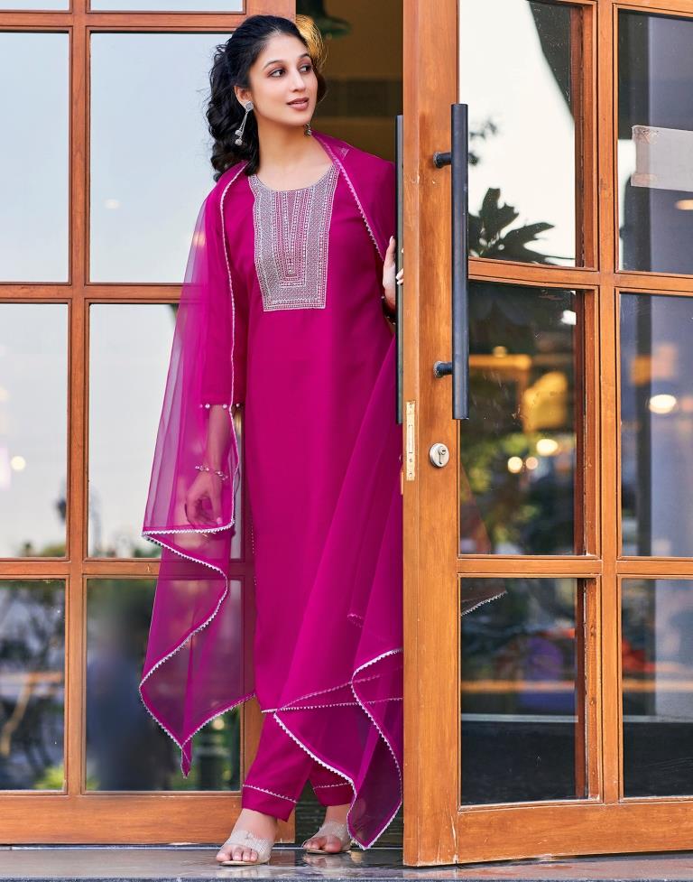 Pink Cotton Embroidery Straight Kurta Set With Dupatta