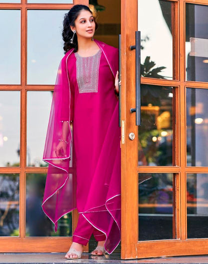 Pink Cotton Embroidery Straight Kurta Set With Dupatta