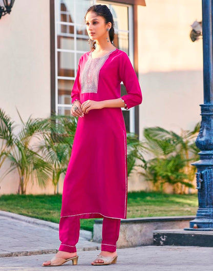 Pink Cotton Embroidery Straight Kurta Set With Dupatta