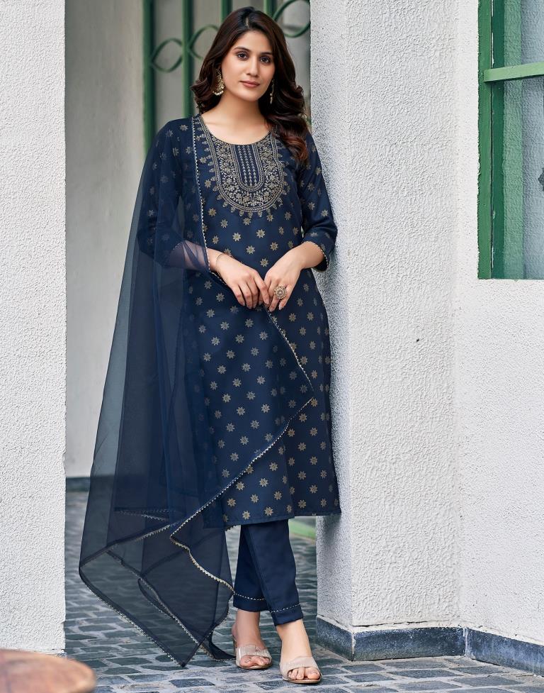 Dark Blue Cotton Embroidery Straight Kurta Set With Dupatta