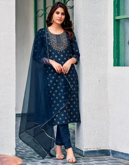 Dark Blue Cotton Embroidery Straight Kurta Set With Dupatta