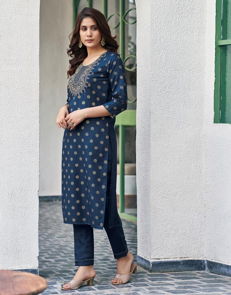 Dark Blue Cotton Embroidery Straight Kurta Set With Dupatta