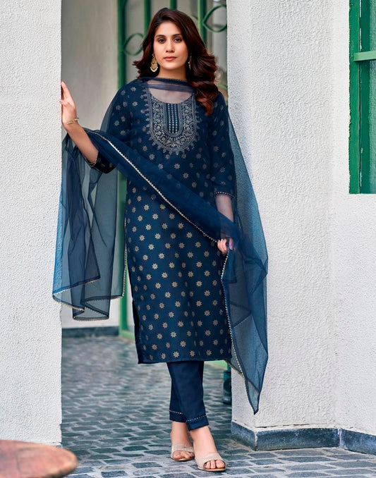 Dark Blue Cotton Embroidery Straight Kurta Set With Dupatta