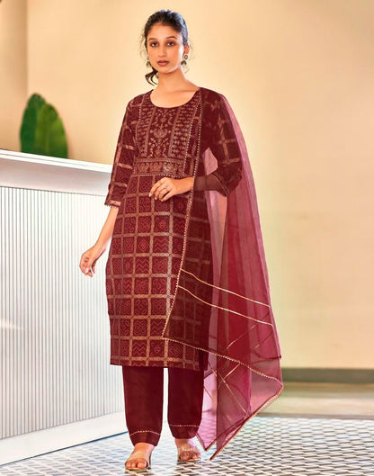 Maroon Cotton Straight Kurta Set With Dupatta