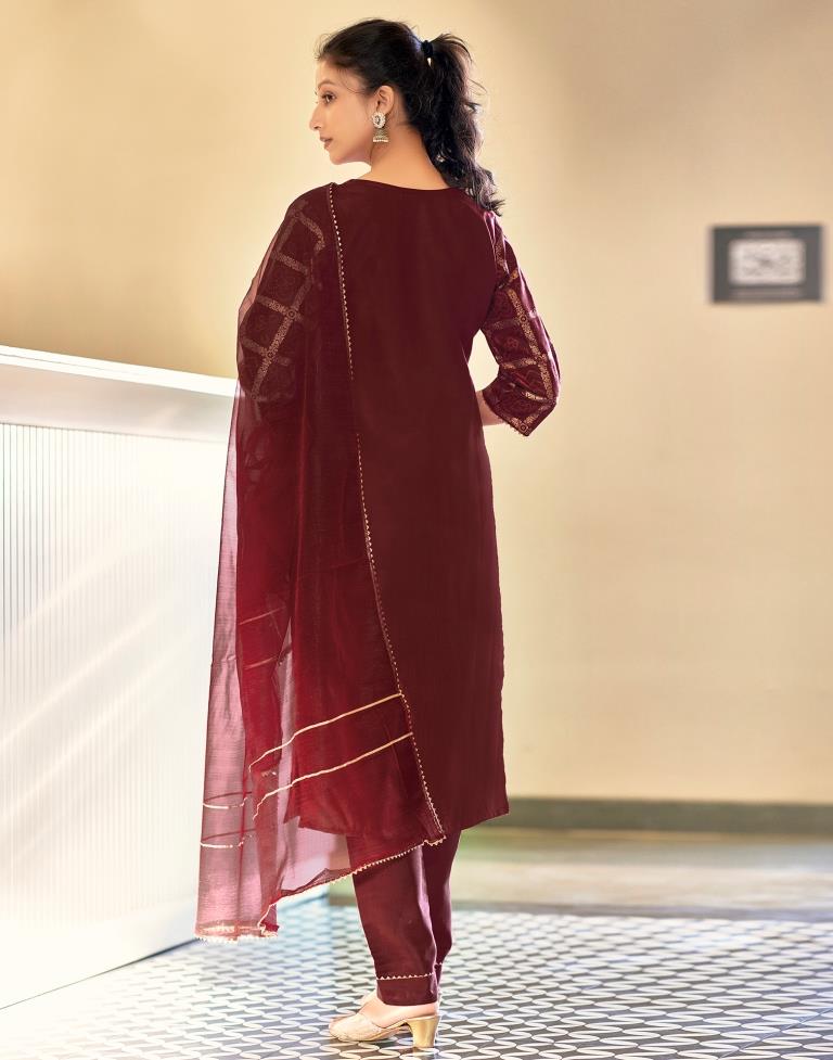 Maroon Cotton Straight Kurta Set With Dupatta