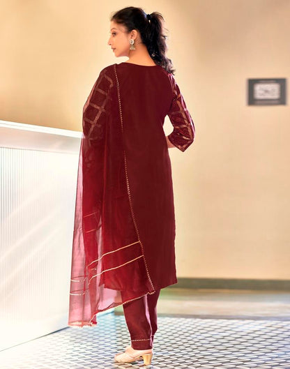 Maroon Cotton Straight Kurta Set With Dupatta