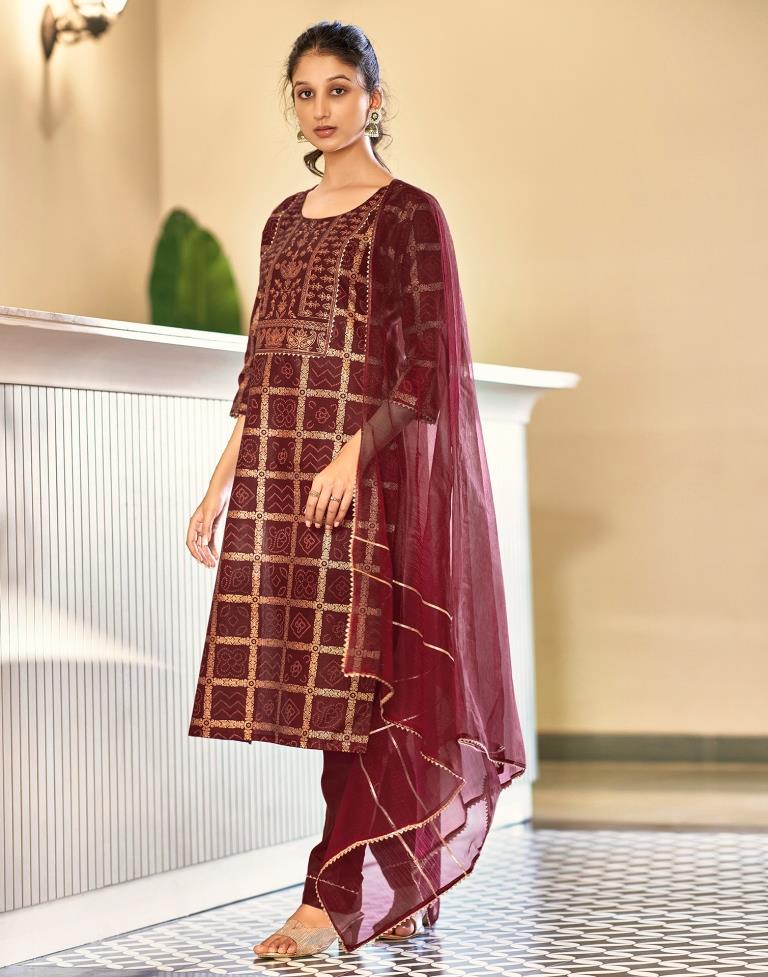 Maroon Cotton Straight Kurta Set With Dupatta