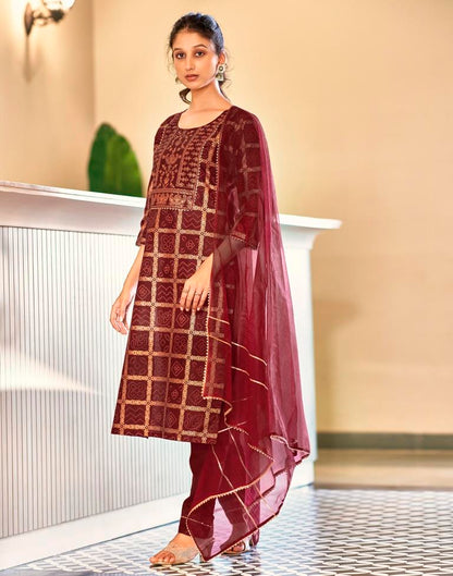 Maroon Cotton Straight Kurta Set With Dupatta