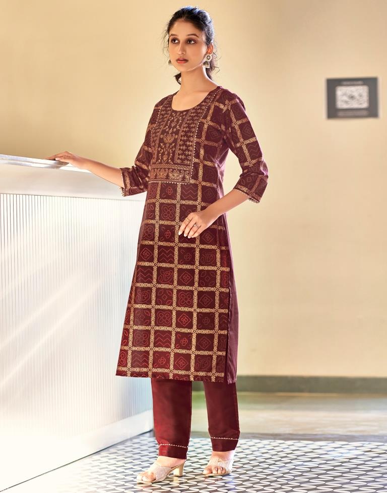 Maroon Cotton Straight Kurta Set With Dupatta