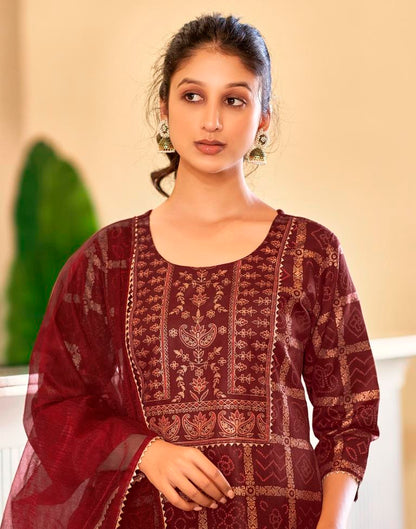 Maroon Cotton Straight Kurta Set With Dupatta