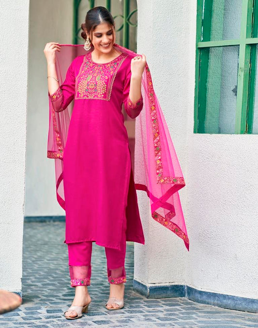 Pink Cotton Printed Straight Kurta Set With Dupatta