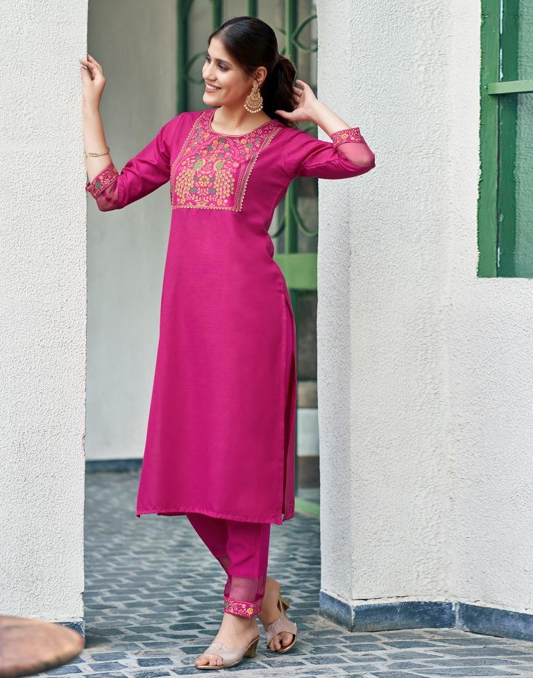 Pink Cotton Printed Straight Kurta Set With Dupatta