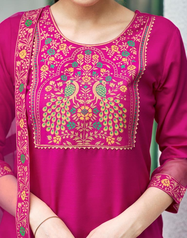 Pink Cotton Printed Straight Kurta Set With Dupatta