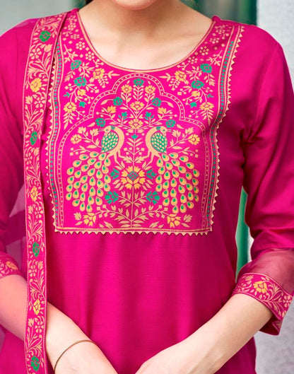 Pink Cotton Printed Straight Kurta Set With Dupatta