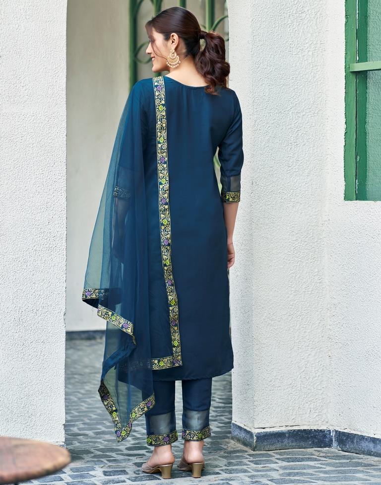 Teal Blue Cotton Printed Straight Kurta Set With Dupatta