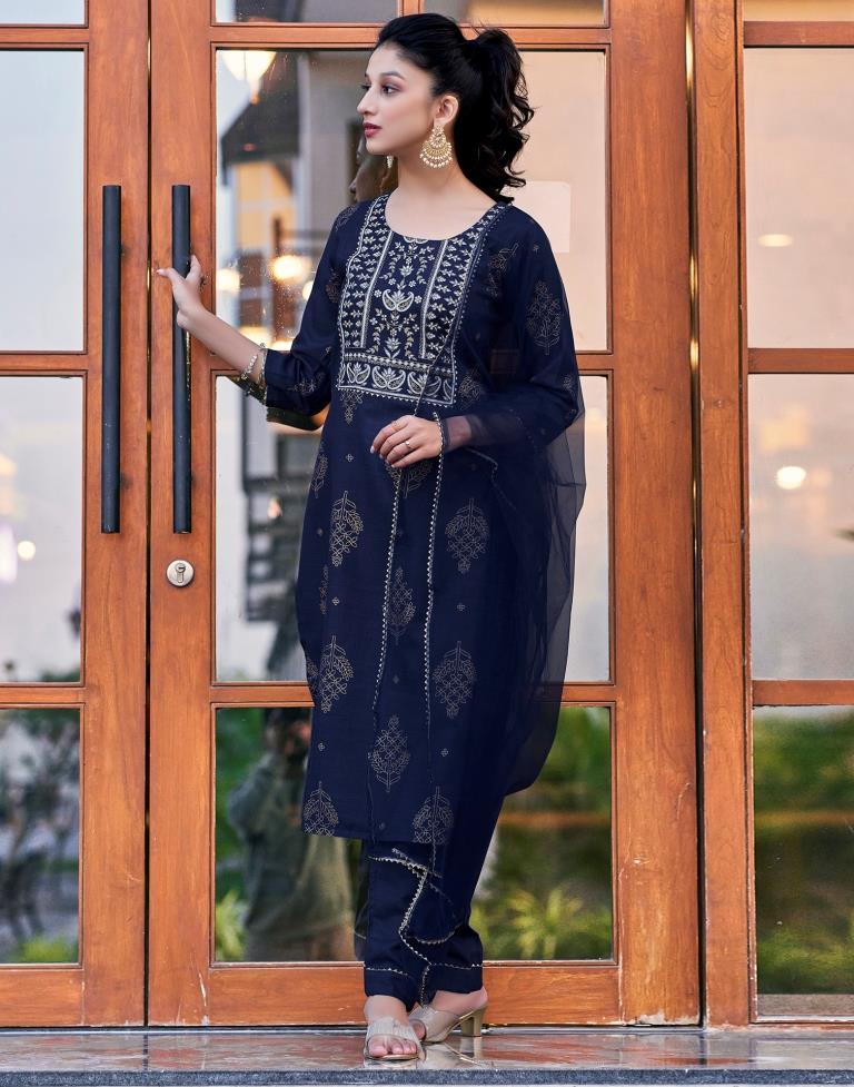 Navy Blue Cotton Printed Straight Kurta Set With Dupatta