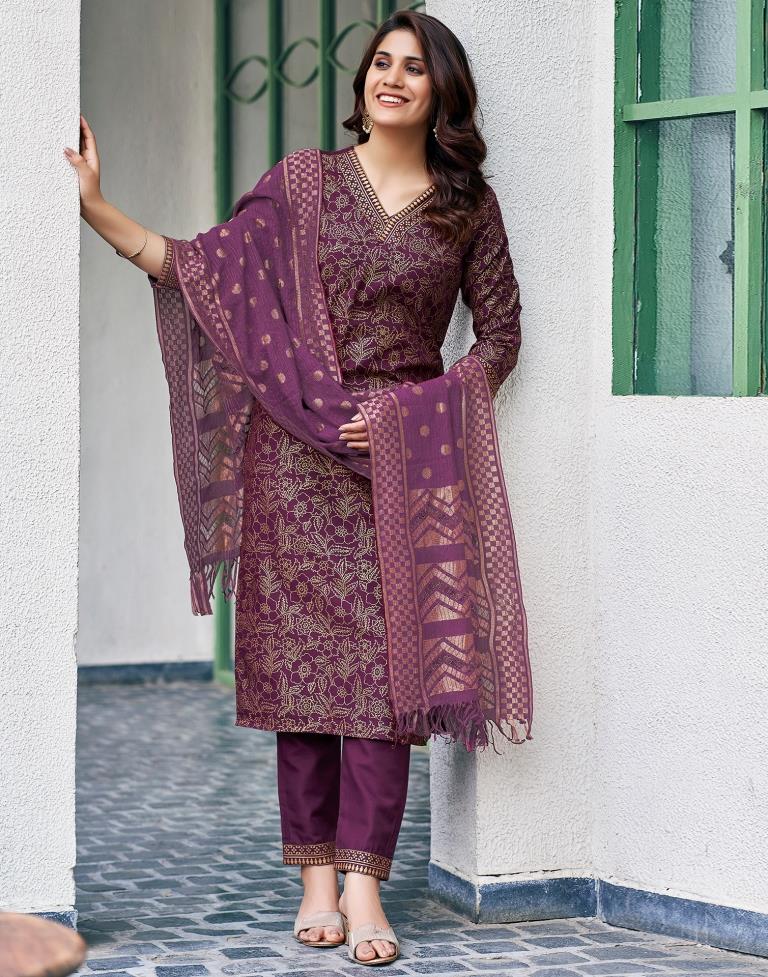 Wine Cotton Printed Straight Kurta Set With Dupatta