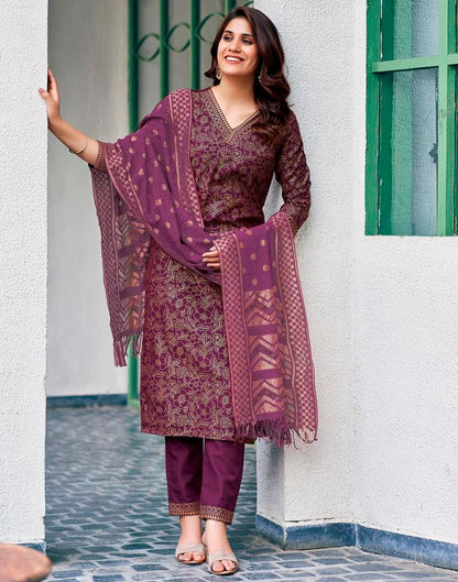 Wine Cotton Printed Straight Kurta Set With Dupatta