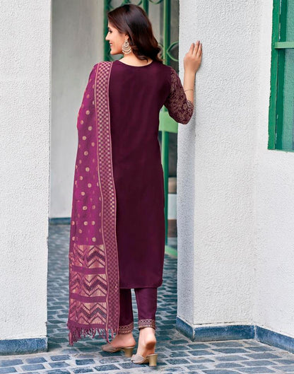 Wine Cotton Printed Straight Kurta Set With Dupatta