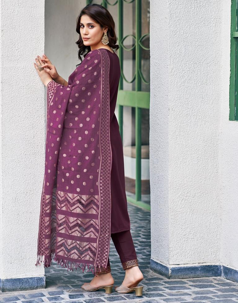 Wine Cotton Printed Straight Kurta Set With Dupatta