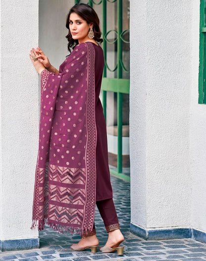 Wine Cotton Printed Straight Kurta Set With Dupatta