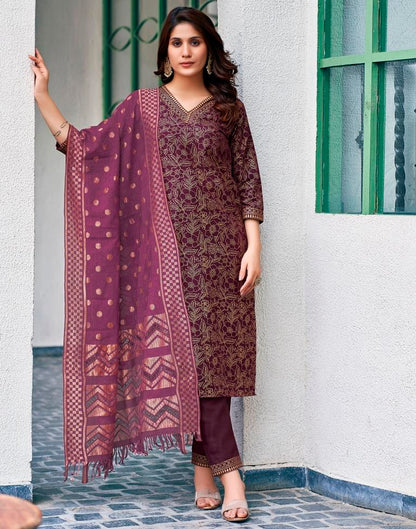 Wine Cotton Printed Straight Kurta Set With Dupatta