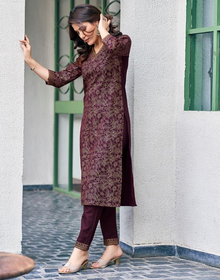 Wine Cotton Printed Straight Kurta Set With Dupatta