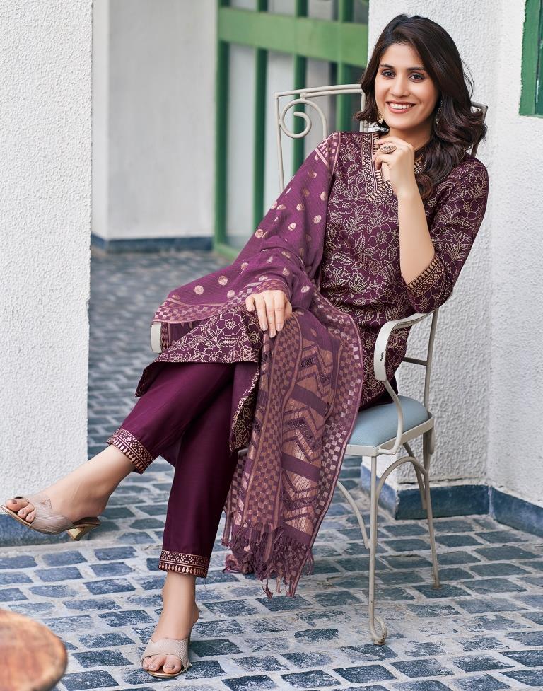 Wine Cotton Printed Straight Kurta Set With Dupatta