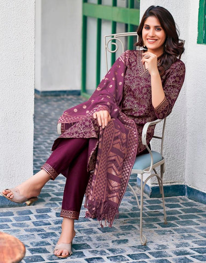 Wine Cotton Printed Straight Kurta Set With Dupatta