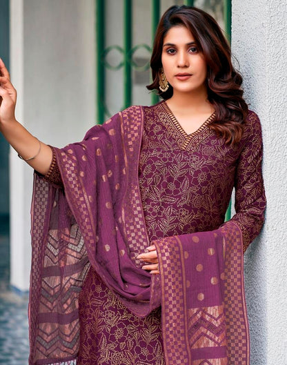 Wine Cotton Printed Straight Kurta Set With Dupatta