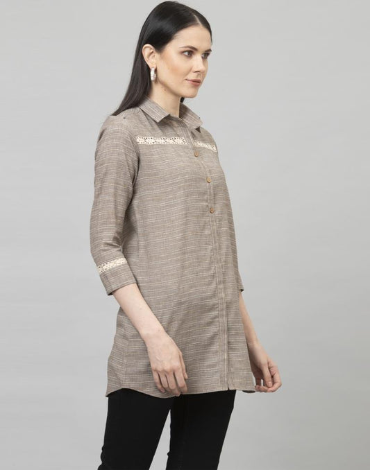 Beguiling Ash Grey Coloured Self Woven Cotton Tops | Sudathi