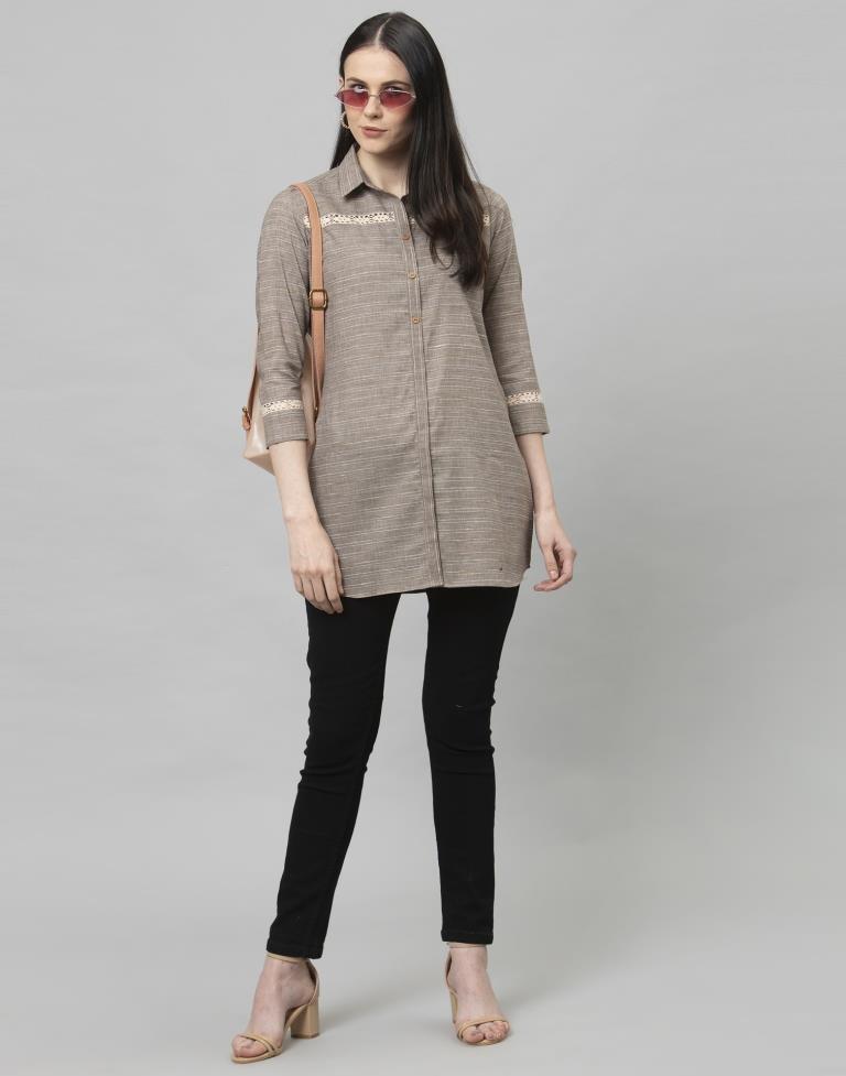 Beguiling Ash Grey Coloured Self Woven Cotton Tops | Sudathi