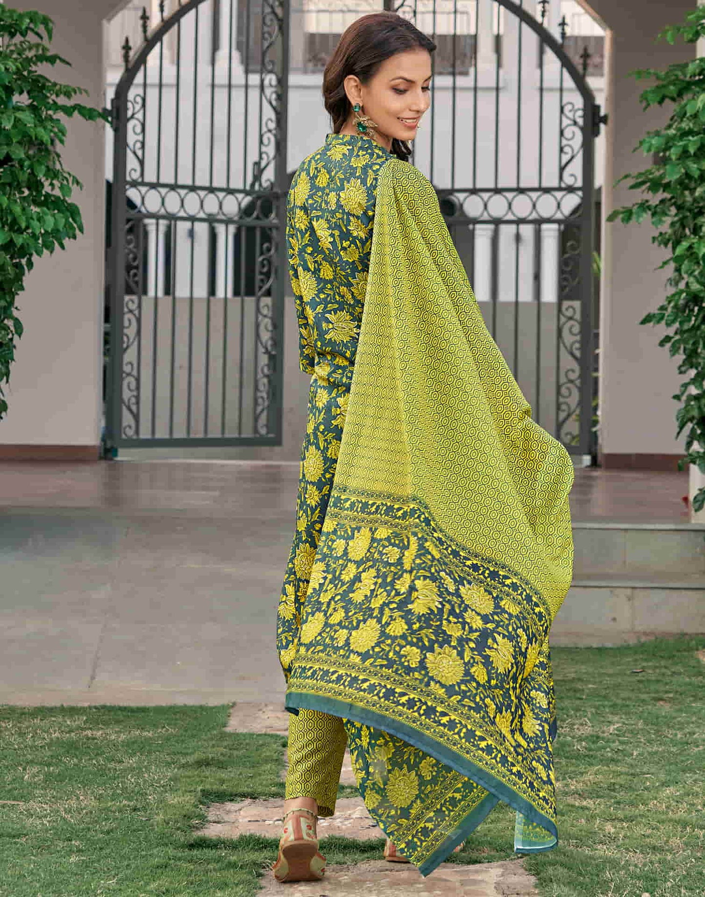 Moss Green Printed Rayon Straight Kurta With Pant And Dupatta