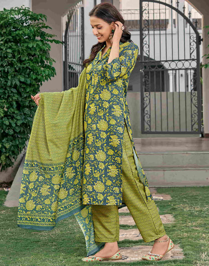 Moss Green Printed Rayon Straight Kurta With Pant And Dupatta