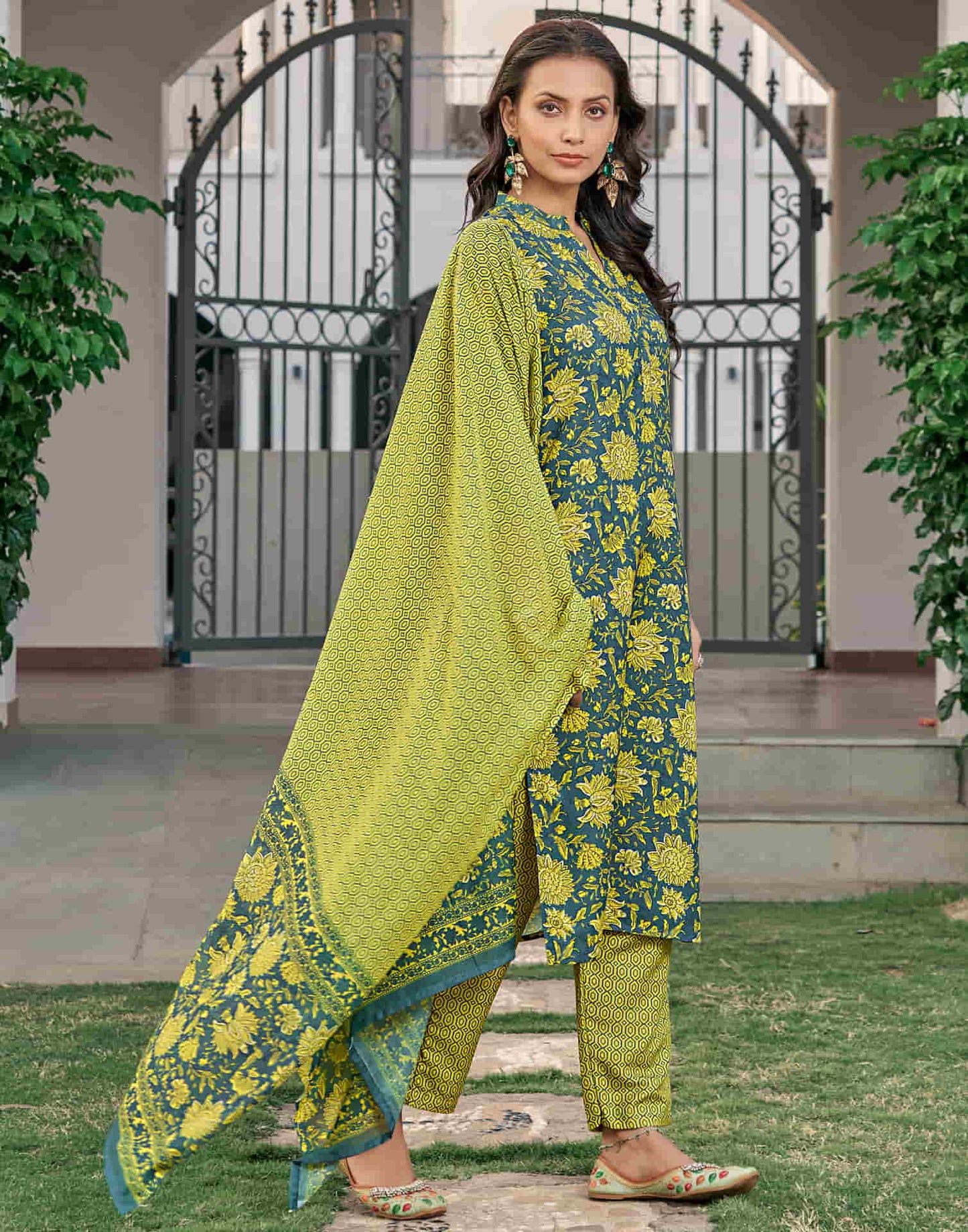 Moss Green Printed Rayon Straight Kurta With Pant And Dupatta